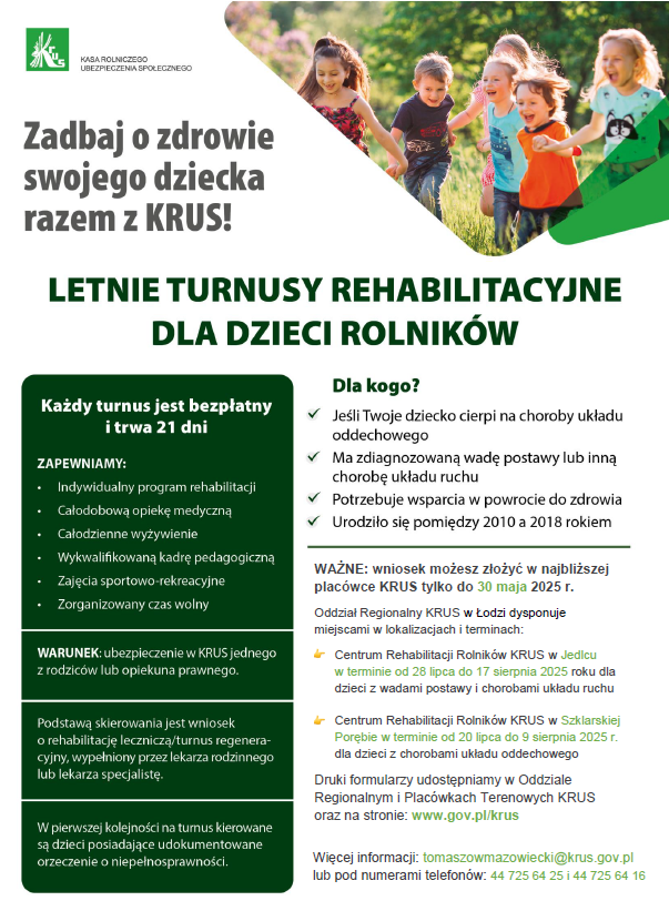 LETNIE TURNUSY REHABILITACYJNE DLA DZIECI ROLNIKÓW