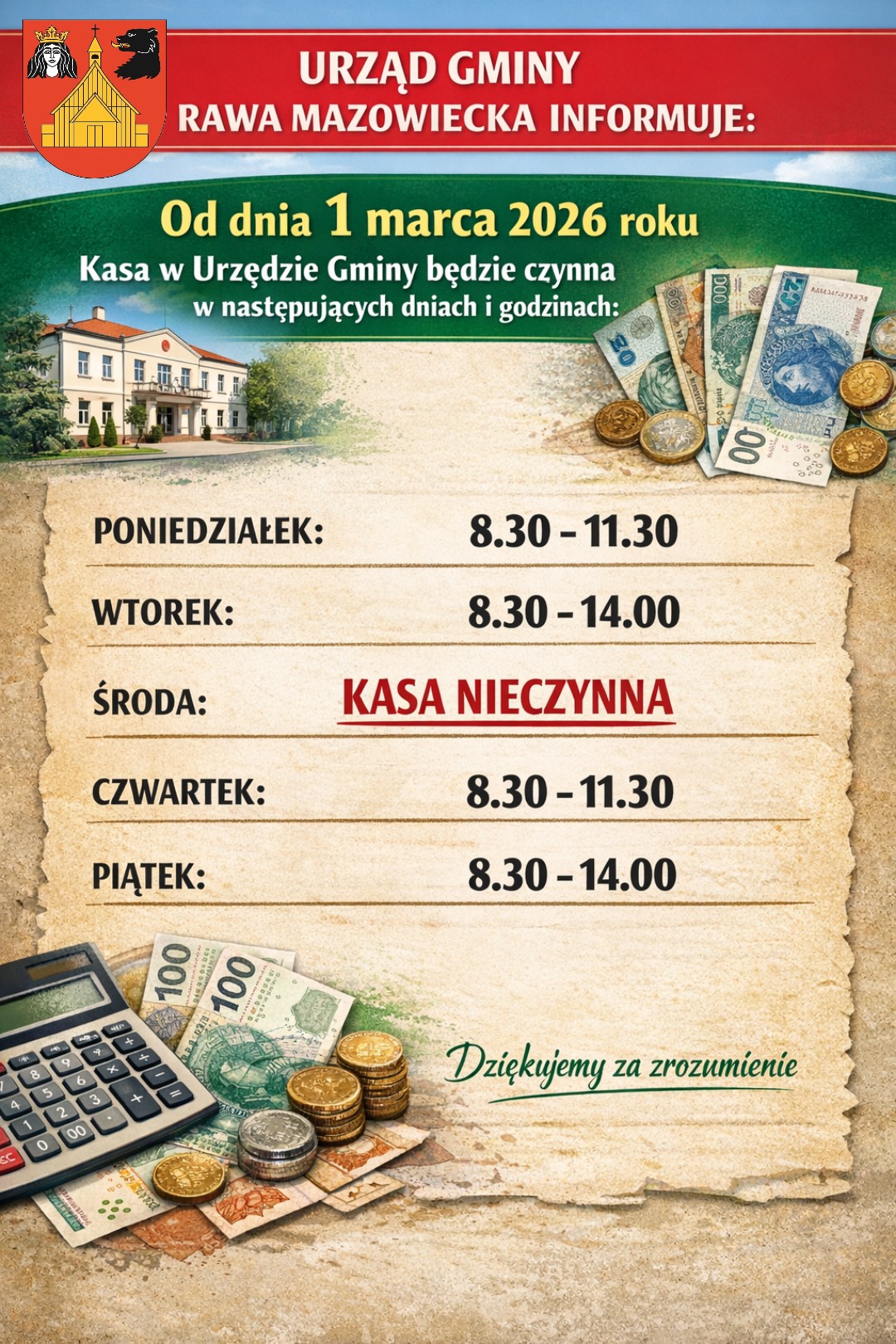 Kasa Urzędu Gminy – zmiana godzin pracy od 1 marca 2026 r.